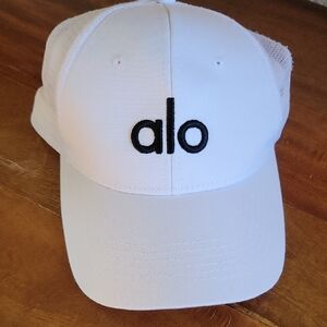 ALO Yoga Trucker Snap Back White Hat with Black Embroidery